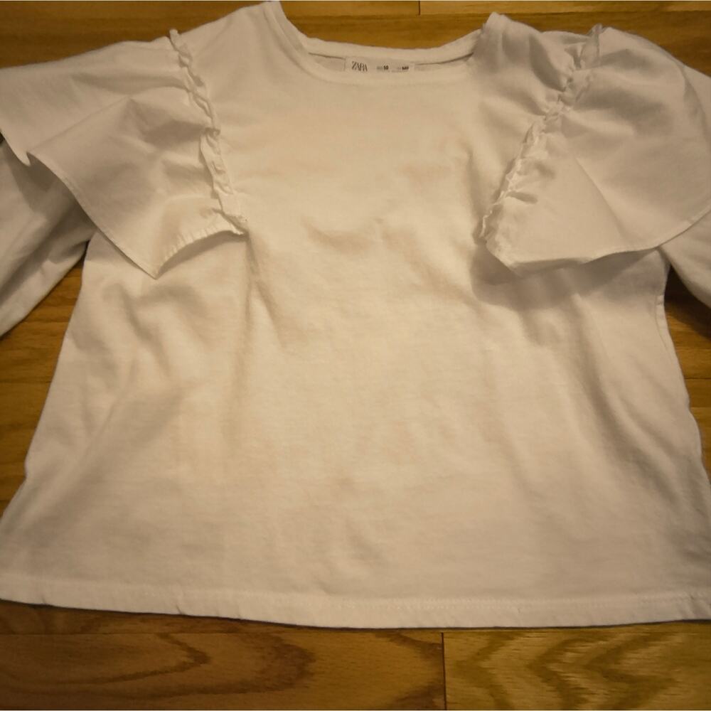 Zara, Classic White Ruffles Long Sleeve Tee, Girls Size 10